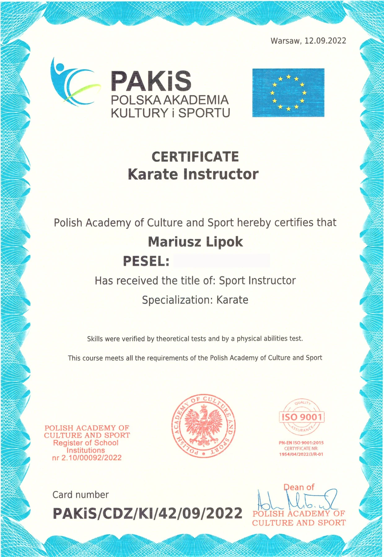 Certificate · Karate Instructor