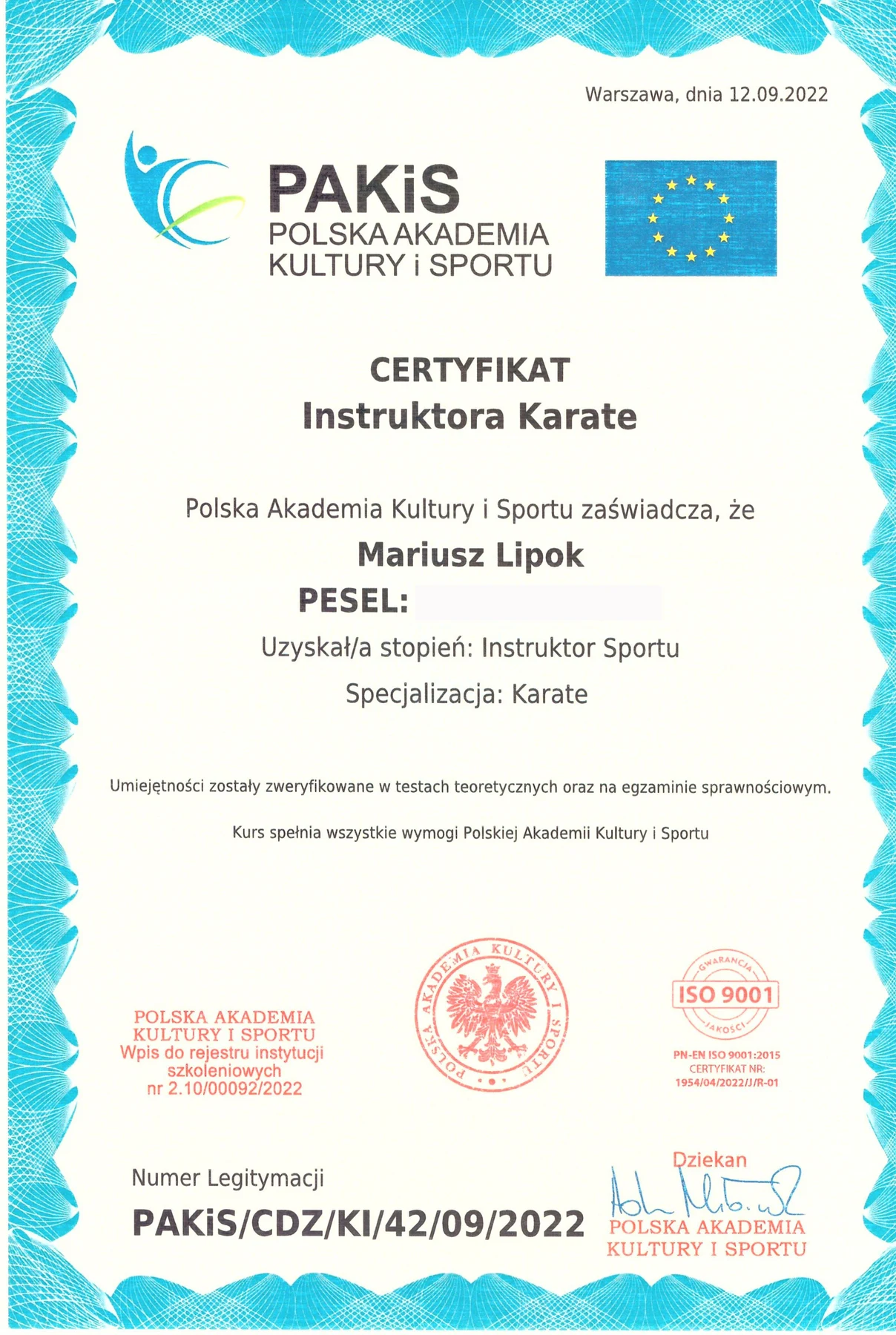 Certyfikat · Instruktor Karate