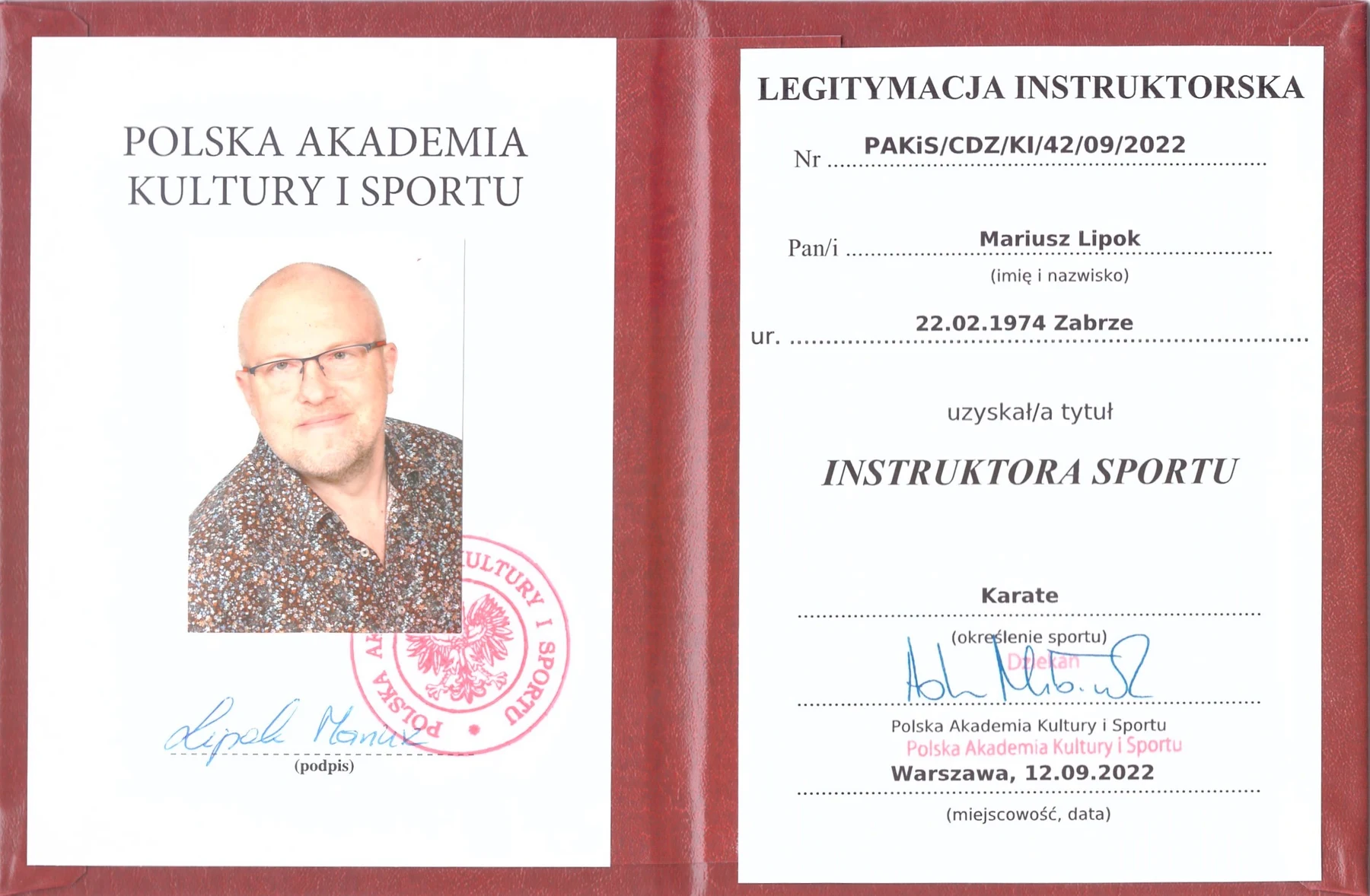 Legitymacja · Instruktor Karate