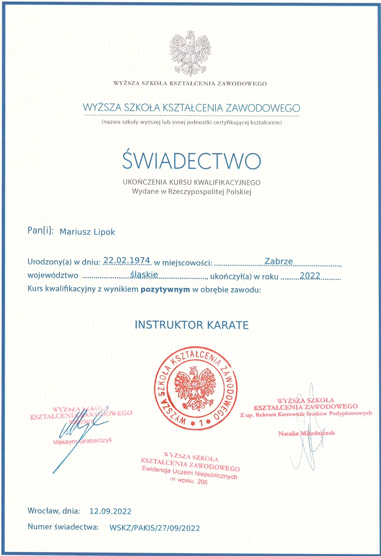 Świadectwo · Instruktor Karate